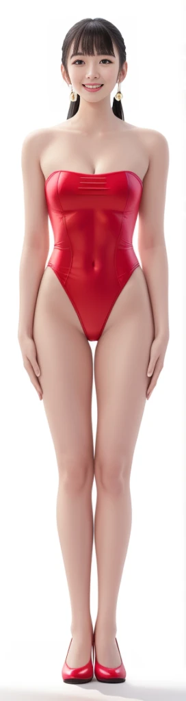 On a white background,A tall and beautiful Chinese girl,with fair skin,Toothy smile,A big smile,When you laugh, Your eyes are crescent-shaped,blunt bangs, long straight hair,Wear a one-piece swimsuit and pumps,Swimsuits are decorated with joyful patterns, Stand up straight,Stand upright,hands on sides,Symmetrical distribution,Ray tracing,All shaded areas,No windows, Soft lighting, Warm light, flood light, no lights on the top, Studio light, 1.4x Realistic Ultra HD