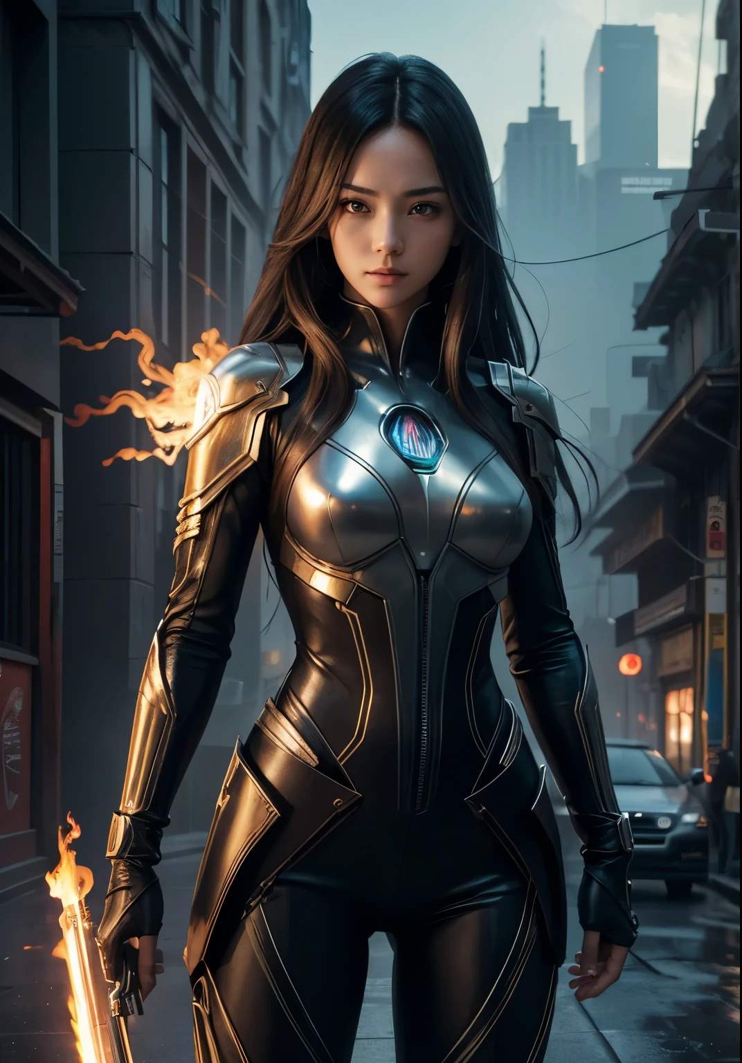 (Best Quality,4k,8K,hight resolution,Masterpiece:1.2), Ultra-detailed, (Realistic,Photorealistic,photo-realistic:1.37), A man and a woman against the background of the city of the future, In the foreground, beautiful real blonde holds and points a future pistol at the viewer., disheveled shoulder-length hair, white PVC jumpsuit, Happy, skinny body, Beautiful anime waifu style girl, (a dark-haired male wizard stands facing us behind a woman with a fireball, looms over his arm), hyper detailed painting, luminism, Concept art by Carne Griffiths and Vadim Kashin, 4k resolution, fractal isometrics details bioluminescence , 3D Rendering, Octane Render, intricately-detailed , Cinematic, Trending artsstatina Isometric centered hyperrealistic cover stunning full color, gritty, Realistic flight , Intricate, hit definition , Cinematic
