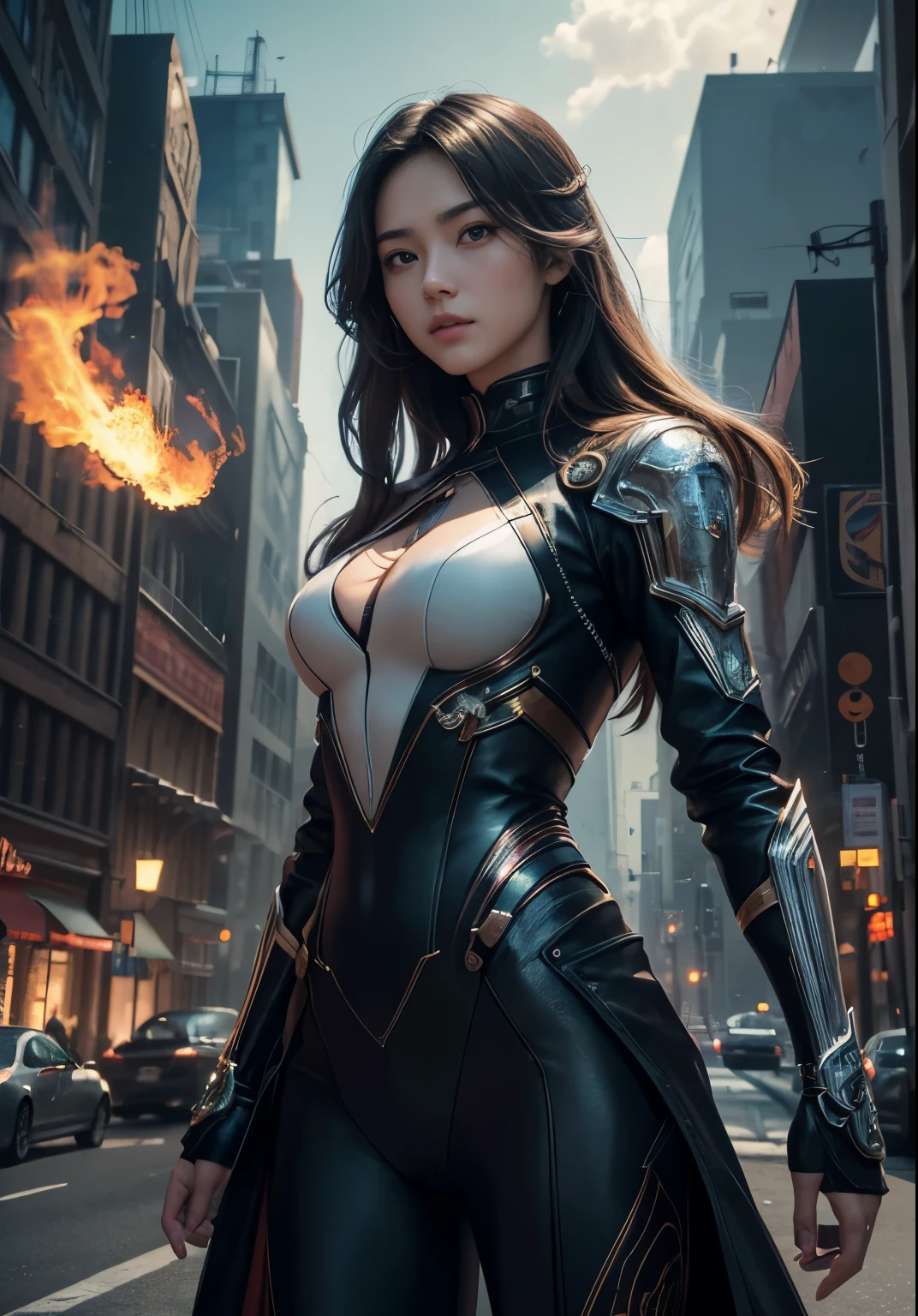 (Best Quality,4k,8K,hight resolution,Masterpiece:1.2), Ultra-detailed, (Realistic,Photorealistic,photo-realistic:1.37), A man and a woman against the background of the city of the future, In the foreground, beautiful real blonde holds and points a future pistol at the viewer., disheveled shoulder-length hair, white PVC jumpsuit, Happy, skinny body, Beautiful anime waifu style girl, (a dark-haired male wizard stands facing us behind a woman with a fireball, looms over his arm), hyper detailed painting, luminism, Concept art by Carne Griffiths and Vadim Kashin, 4k resolution, fractal isometrics details bioluminescence , 3D Rendering, Octane Render, intricately-detailed , Cinematic, Trending artsstatina Isometric centered hyperrealistic cover stunning full color, gritty, Realistic flight , Intricate, hit definition , Cinematic