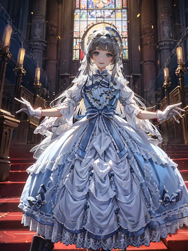 In front of the altar of a majestic church、（blurry backround）、brightened light、golden long hair girl、Classic White Wedding Dresses、（elegant luster）、（Lots of races）、lots of ribbons、（（voluminous puff sleeves））、long cuffs with many buttons、golden embroidery、Long Train、white embroidered gloves、5 fingers、A smile、Redness of the cheeks