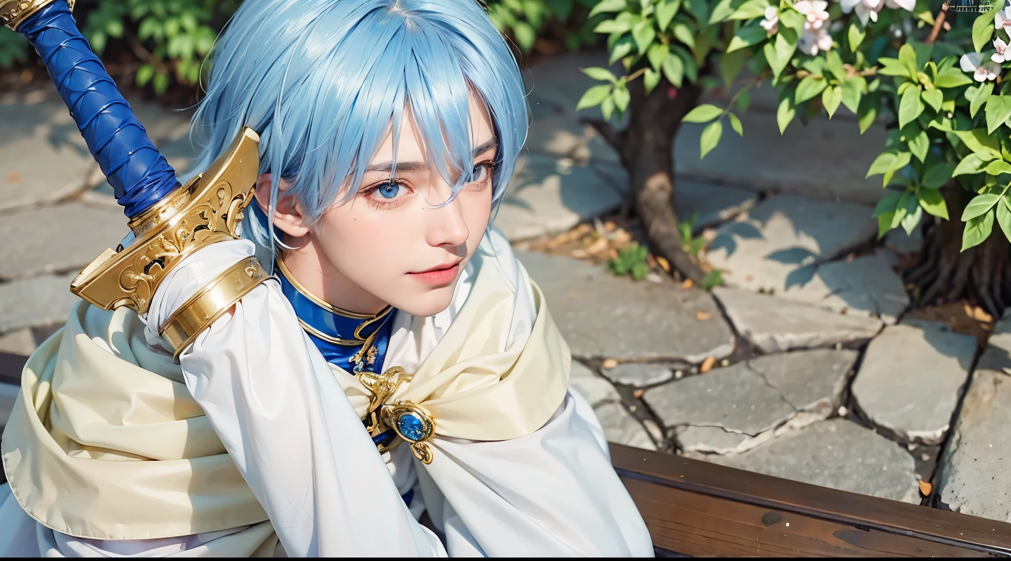 smil、realphoto:1.2、Male Hero:1.5、Sword of the Brave:1.5,Blue hair,Detailed hair strands、Cinematographic lighting、youthfulness、 (masutepiece,Best Quality:1.4),(8K,Raw photo,photographrealistic:1.2),Detailed skin,Detailed face,Detailed eyes,