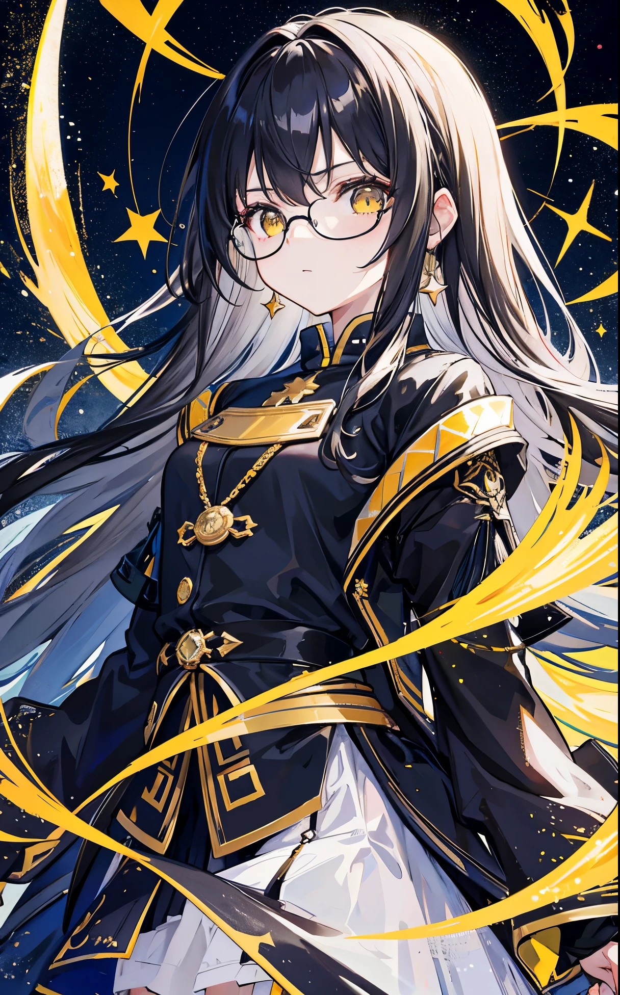 The background of the golden starry sky is stunning,Dark yellow twin ponytails,The hair as a whole has a light yellowish feel,But there is a sense of black attachment,Star decoration,Meteor decoration,With black glasses,There is a deceptive look in the eyes,Girl but very handsome,There is a sense of contempt in his eyes,黑黄的冲锋衣有着Star decoration