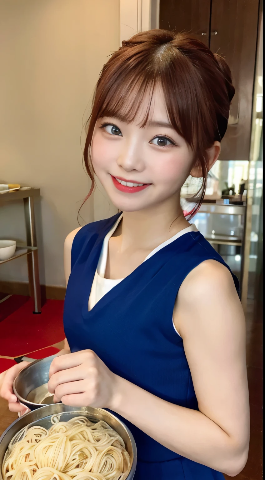 young girl, red hair in a bun, blue eyes, Chinese sleeveless dress, Shorts, A tray bowl of noodle, Cheerful smile, open mouth, Masterpiece, high qulity