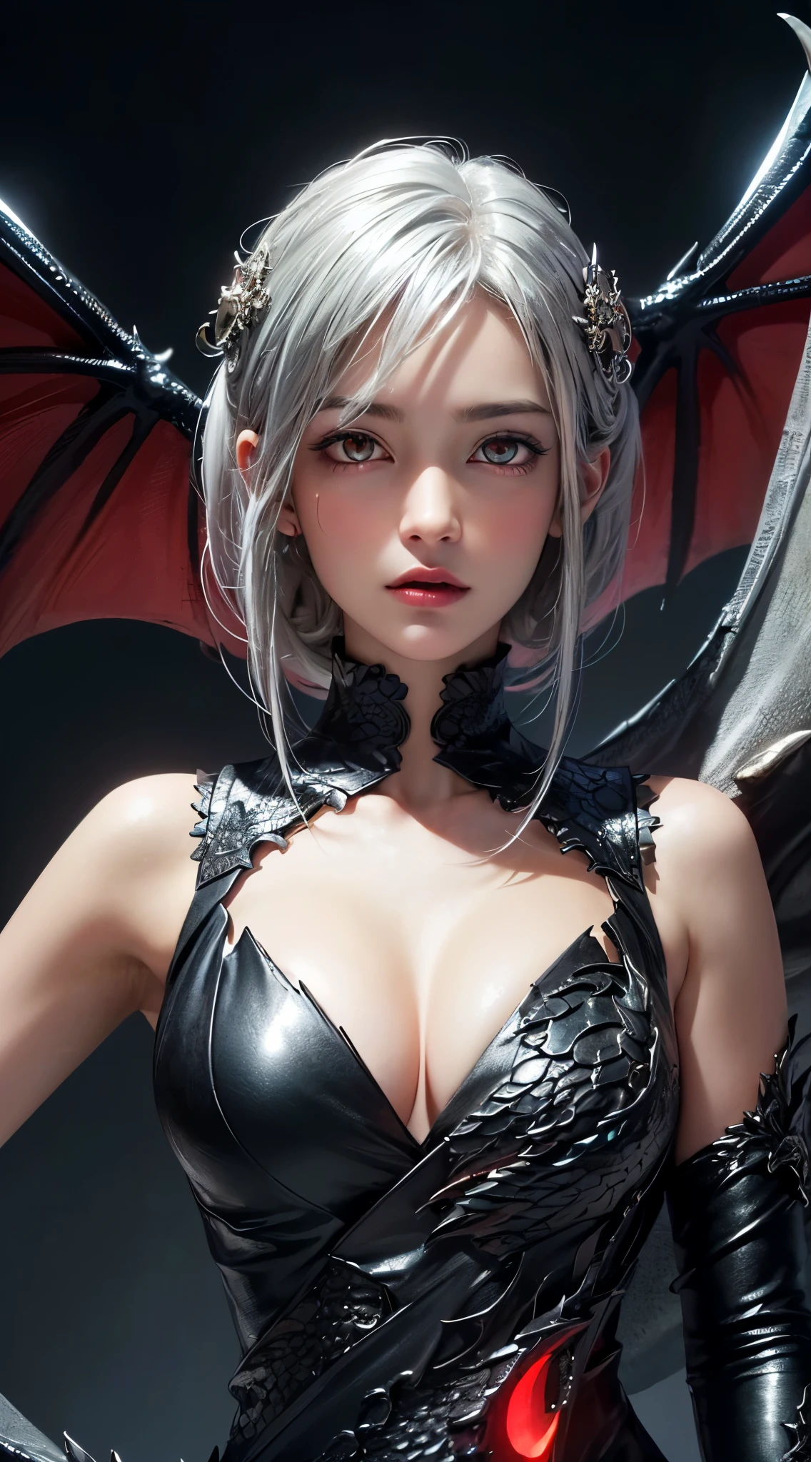 (UHD, retina, masterpiece, accurate, anatomically correct, textured skin, super detail, high details, high quality, best quality, high res, 1080P, HD, 4K, 8k, 16k), (beautiful detailed eyes, beautiful detailed lips, extremely detailed eyes and face), soft lighting, physically-based rendering, vivid colors, (large breasts:1.5), (portrait, shiny hair, shiny skin), eye reflection, (bokeh, dark background), (black color, dragon hair ornament, dragon wings, dragon tail, fog, silver hair:1.5), ((tanned skin, red glowing eyes, parted lips:1.5)),