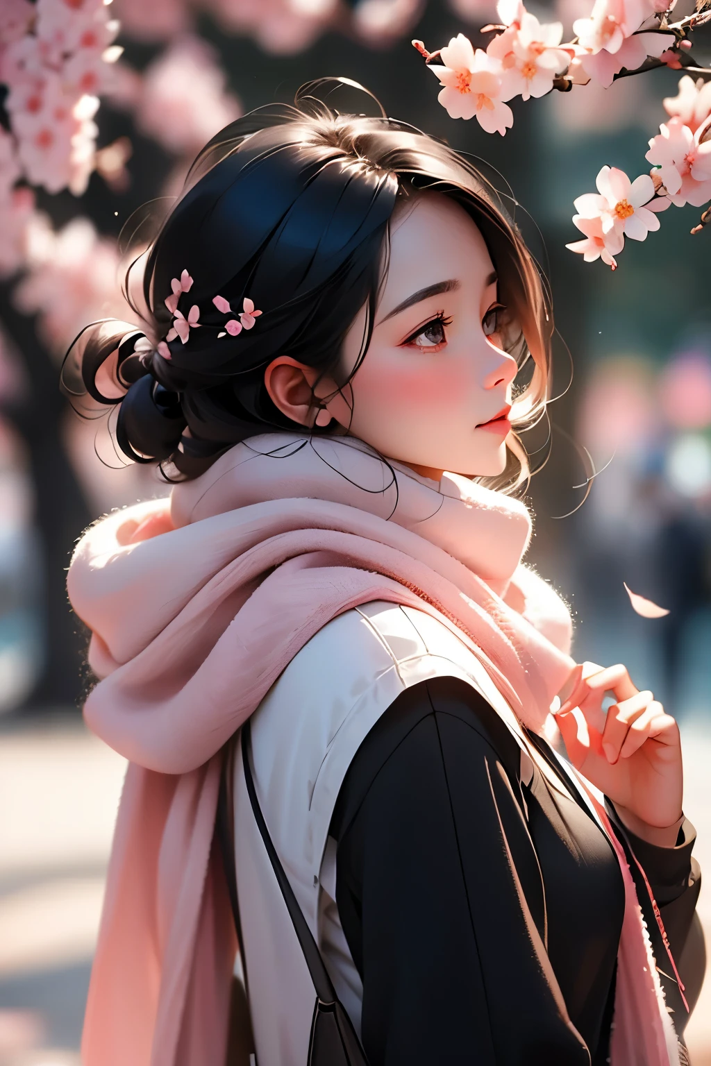 1girl, bird, black eyes, black hair, blurry, blurry background, cherry blossoms, lips, long-tailed tit, looking up, medium hair, profile, scarf, solo, tit (bird) , ((masterpiece))