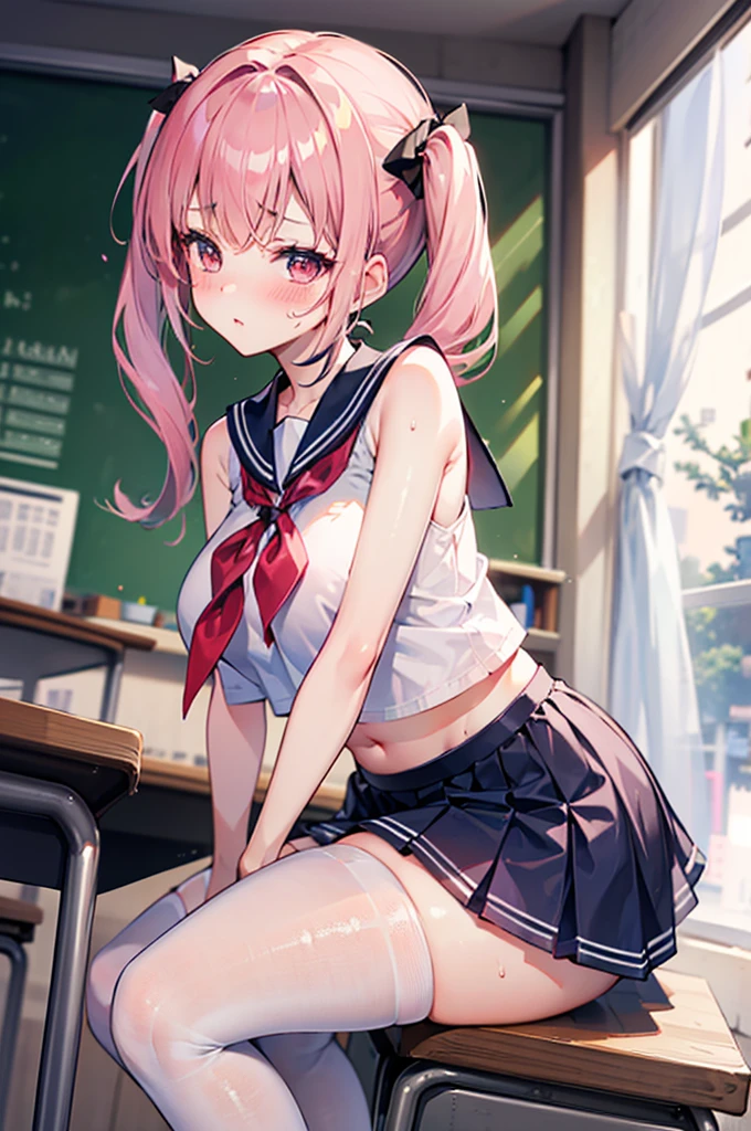 Perfect human body，1 girl， (very highly detailed background，‎Classroom)，twintails，long whitr hair， 鎖骨，(Ultra short sleeveless sailor top)，Bow knot，nabel，Low-rise miniskirt，semi transparent，(White stockings)，((woman with fever)), ((Sweated,steams,college aged))), Huge compression of color)), (blush blush:1.2),