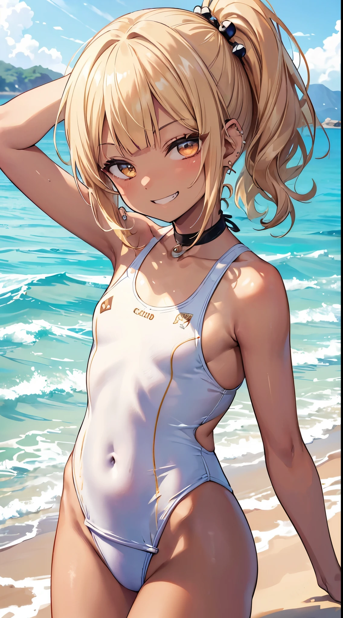 (8K、Top image quality、top-quality、​masterpiece)、A detailed face、1((Lori:1.0))、a blond、short hair、side ponytail、wavy hair、blunt bangs、Golden eyes、piercings、((Brown skin))、evil smile、((smirk grin))、Smaller chest、((one-piece swimsuit))、cowboy  shot、seaside backgroud