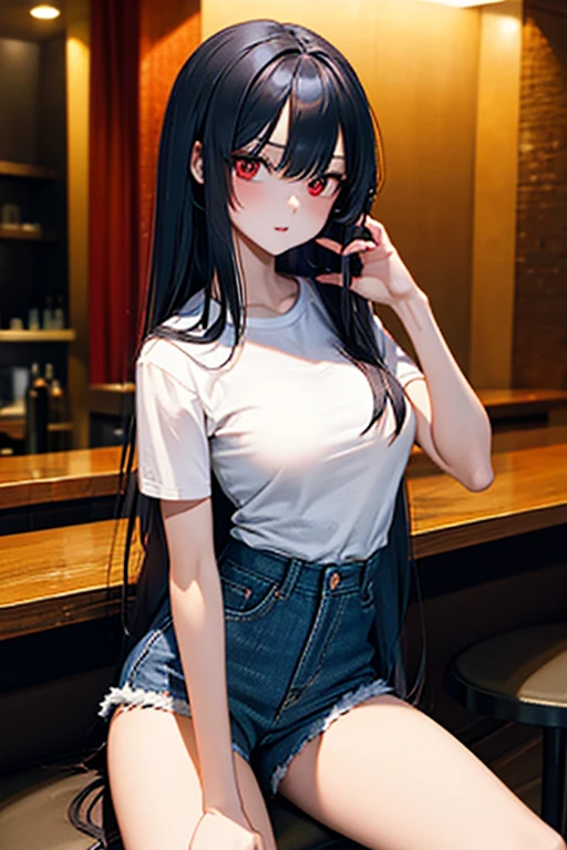 ((masterpiece)), ((best quality)), (ultra detailed), ((extremely detailed)), 1girl, ((red eyes)), detailed eyes, beautiful eyes, black hair, very long loose hair, bangs, shiny hair, skin texture, glowing skin, extremely detailed skin, big breasts, small waist, wearing ripped look t-shirt, denim micro shorts, sitting at a bar with friends, black hair,blue eyes, large breast,