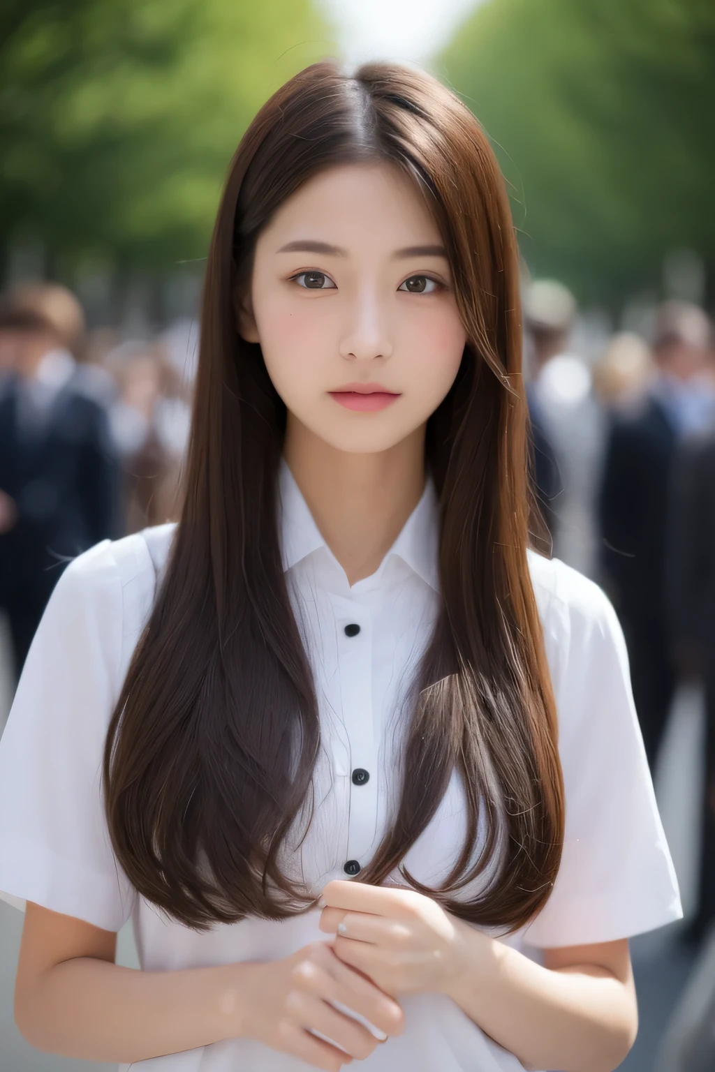 ((top-quality、8K、masterpiece:1.3))、foco nítido:1.2、Beautiful Women in Perfect Style:1.4、Slender Abs:1.2、((dark brown hair、Colossal tits:1.2))、(natural soft light、City Street:1.1)、Highly detailed facial and skin texture、A detailed eye、二重まぶた、uniform 、Female, 24 years old