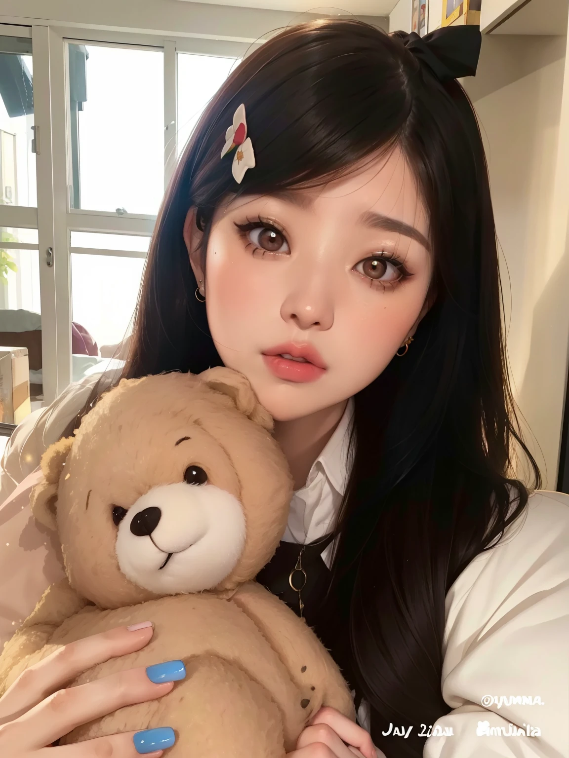 hay una mujer sosteniendo un osito de peluche en sus brazos, ulzzang, Lalisa Manobal, Joven y adorable rostro coreano, Wan adorable cara coreana, maquillaje popular de Corea del Sur, Jaeyeon Nam, Chica coreana, Sakimichan, Ruan lindo vtuber, maquillaje coreano popular, young cute wan asian face, con cara linda - fina -