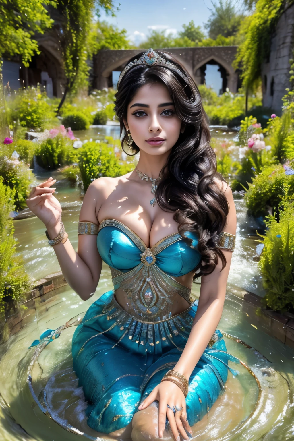 (((Stunningly Beautiful persian Princesss ))), elegant blue black updo hair, Janhvi Kapoor, Laetitia Casta, sweet smile, girl bath in Village lake riverside