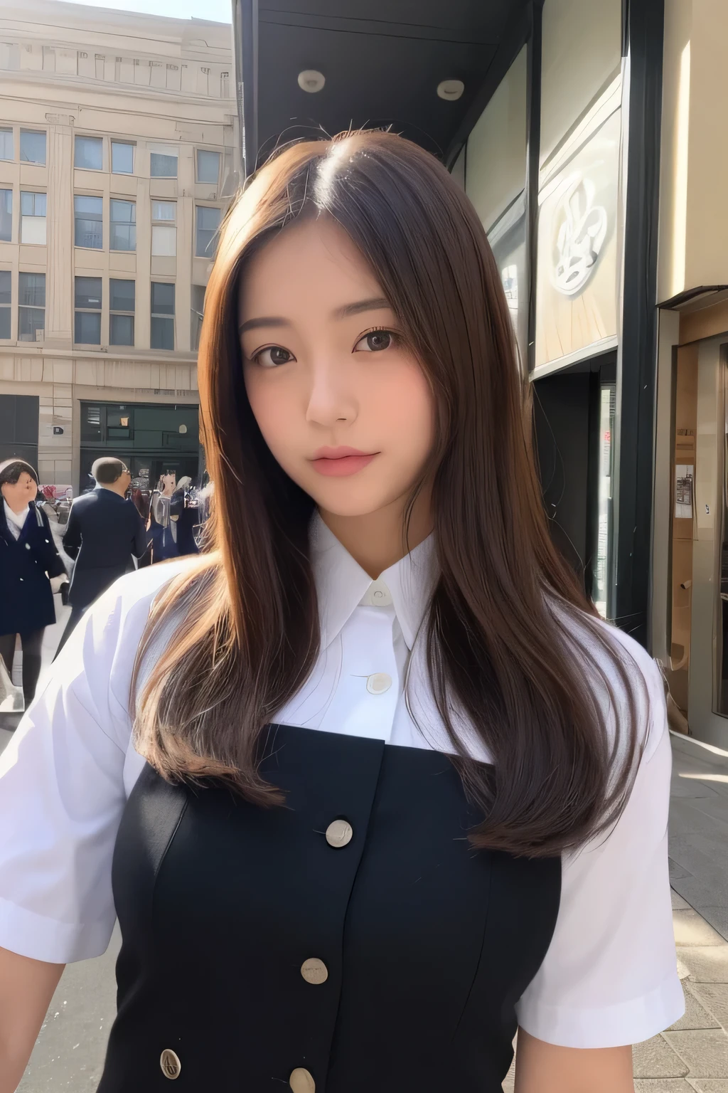 ((top-quality、8K、​masterpiece：1.3))、foco nítido：1.2、Beautiful Women in Perfect Style：1.4、Slender Abs：1.2、((dark brown hair、Colossal tits：1.2))、(natural soft light、City Street:1.1)、Highly detailed facial and skin texture、A detailed eye、二重まぶた、uniform 、Female, 24 years old