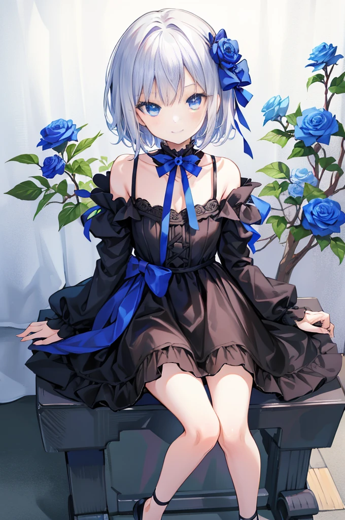 masutepiece, hyper quality, 1girl in, Solo Girl, Silver hair, Blue eyes, Sharp eyes, Straight hair, (Short hair), ((shoulder-length hair)), Black dress, bow ribbon, frilld, Long sleeves, holding Blue roses, Blue roses, (with Blue roses in one hand), sitting in the chair, little smiling, lite smile, Slightly lighter background