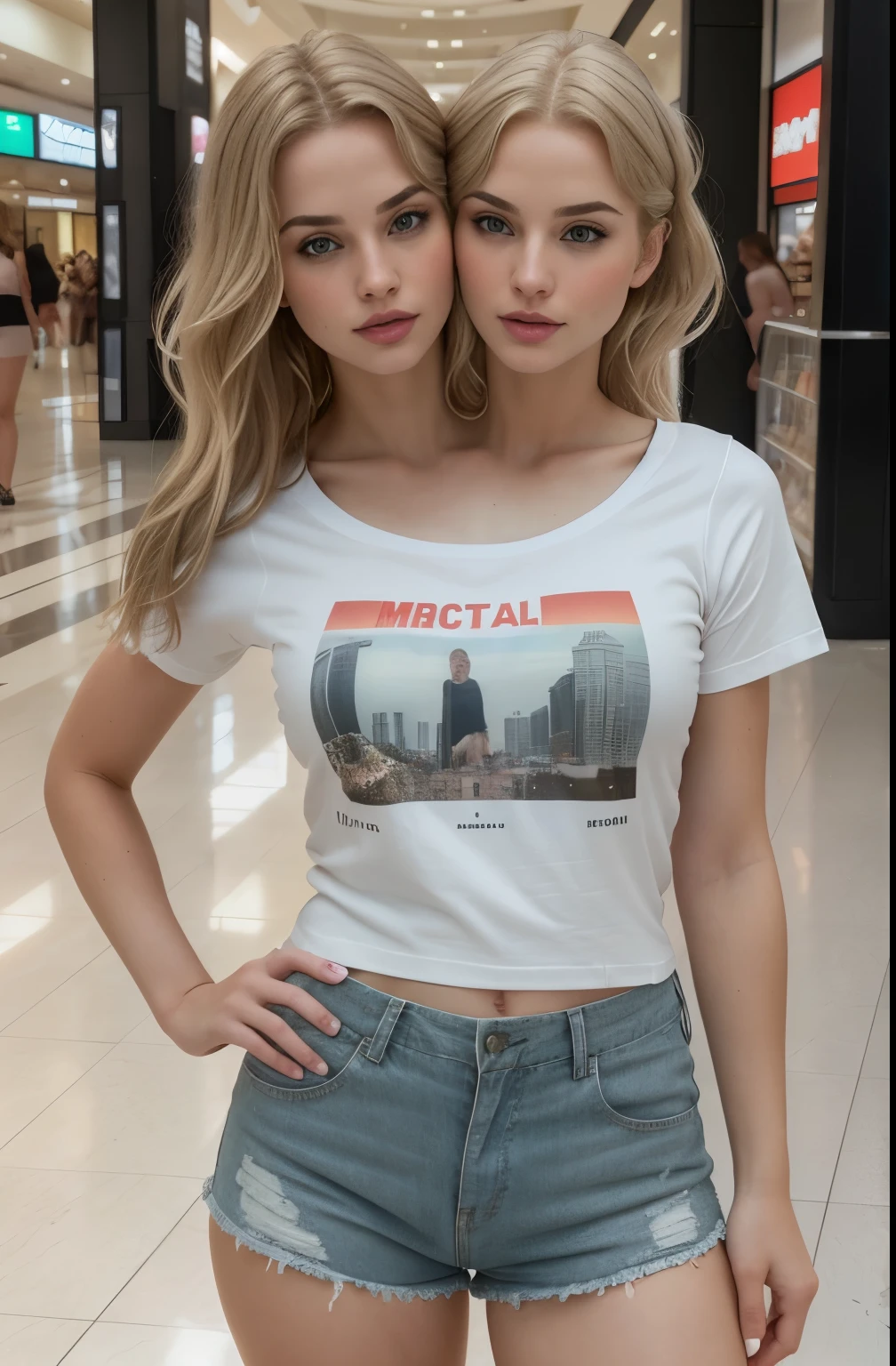 photo portrait of gorgeous white woman wearing a t-shirt and shorts and sandals at mall, different facial expressions, different hair colors, different hair styles,best quality,4k,8k,ultra hires,realistic,photo realistic,RAW photo,hdr,sharp focus,skin imperfections,masterpiece,hard light,athmospheric,conjoined_dicephalus,(two heads:1.5),