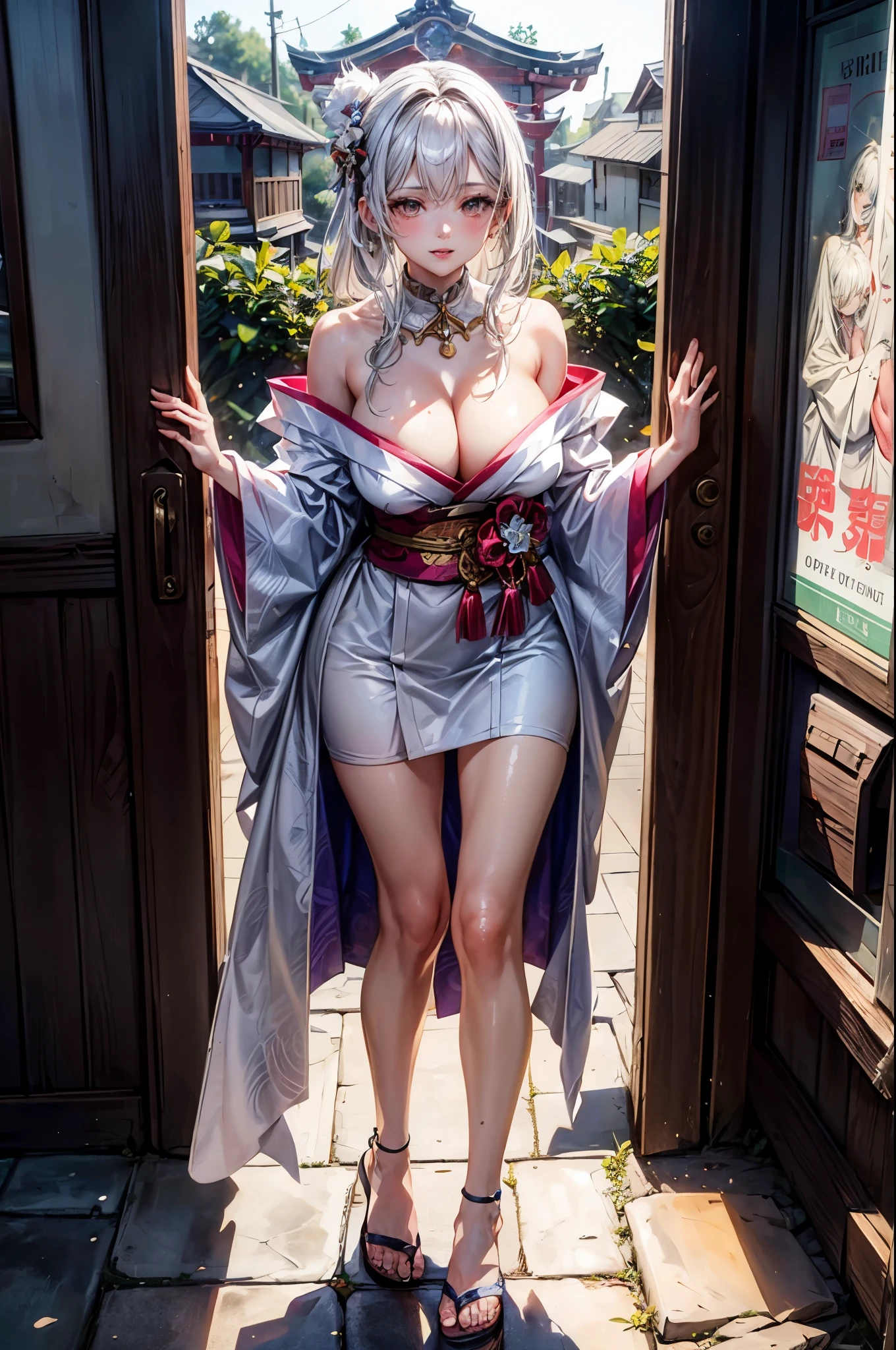 nsfw:1.3,1girl, Solo, Happy New Year, First visit, (Visit), Shrine in the background, Wearing a white kimono, cleavage, Beautiful silver hair, hair arrange, Beautiful white eyes, 🤍, Beautiful brooch, Pink lips, (white fluff around the neck), sandals on feet,