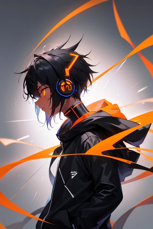 black anime boy listening to music, side profile view, Techwear hoodie, Techwear headphone glowing edges, orange glowing eyes, spikey haircut, Shoulder view, Black background, reflective lighting