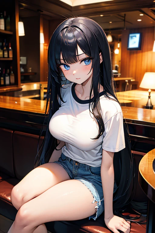 ((masterpiece)), ((best quality)), (ultra detailed), ((extremely detailed)), 1girl, detailed eyes, beautiful eyes, black hair, very long loose hair, bangs, shiny hair, skin texture, glowing skin, extremely detailed skin, big breasts, small waist, wearing ripped babylook t-shirt, denim micro shorts, sitting at a bar with friends, black hair,blue eyes, large breast,