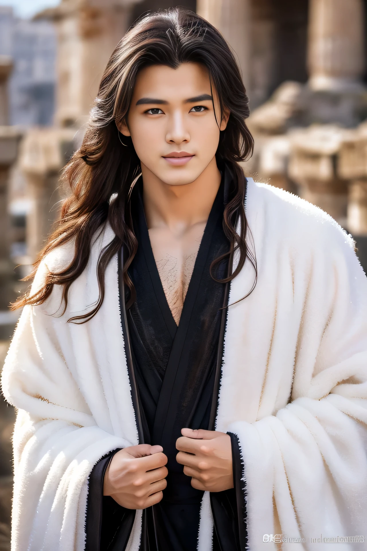 Best quality, masterpiece, ultra high res, (photorealistic:1.4), detailed face, detailed eyes, raw photo, young handsome male, black long hair, (full body), (ancient city ruin background:1.2), wearing white fluffy long robe with silver decoration, messy ponytail