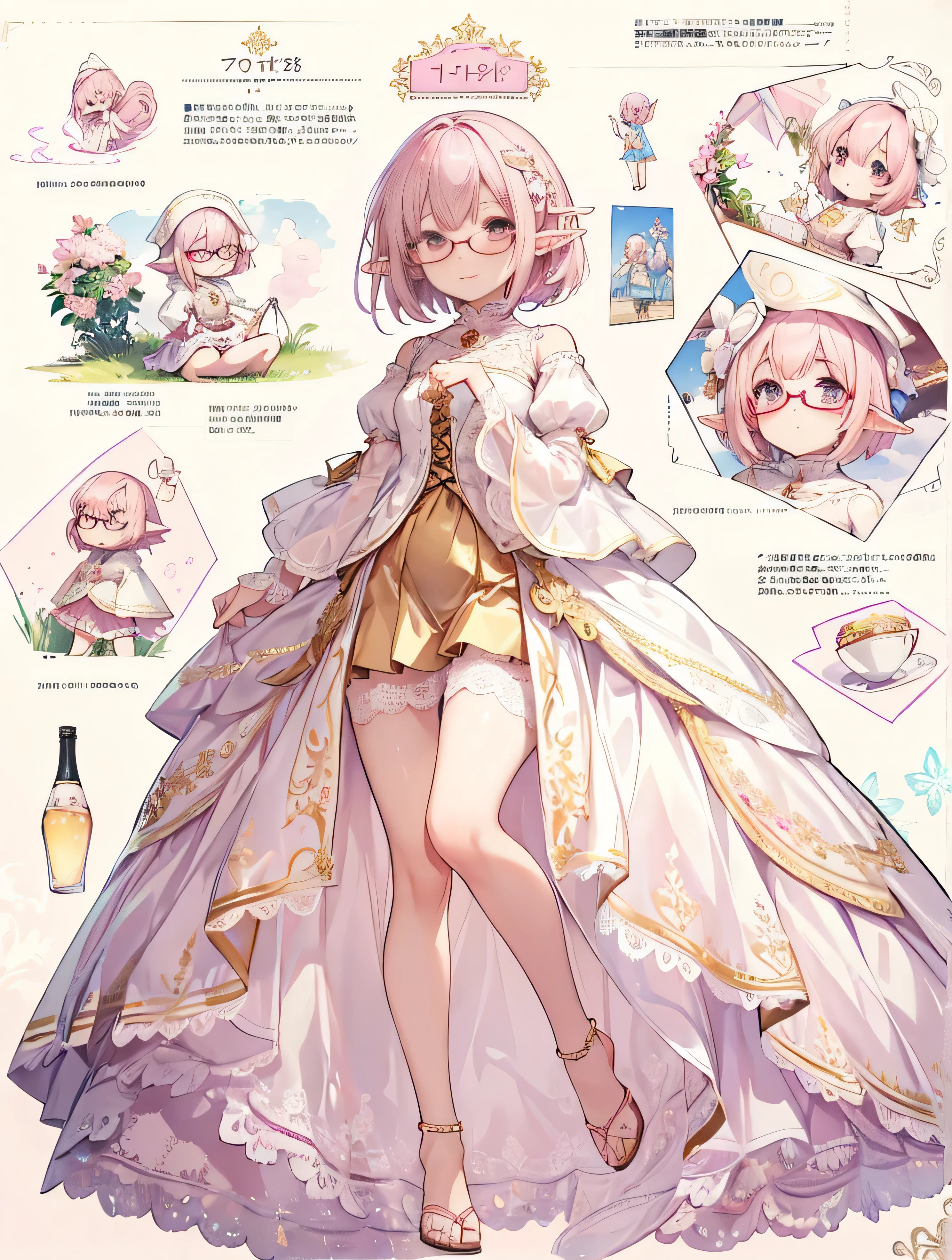 ((One girl)), Ultra-realistic photo of a girl in a majestic pink and white ball gown dress, Big beautiful dress, Intricate billowing ball gown with lots of ruffles and rhinestones, masutepiece, ((Lace sleeves:1.2))。 art stations, Fantasy Art:1.2), Palace rooms, Beautiful cute girl, (Milky pink short bob hair Red glasses elf-ears Magenta eyes:1.3), (Complex short gold skirt, Bare legs:1.2, Full body shot)(((5 year old toddler)))
