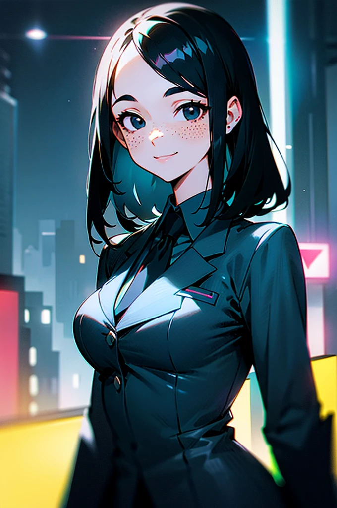 black hair, (hair tucked behind ear), forehead, (long side bangs), medium length hair, light freckles, woman, ((black eyes)), suit and tie, neon blue city, smiling