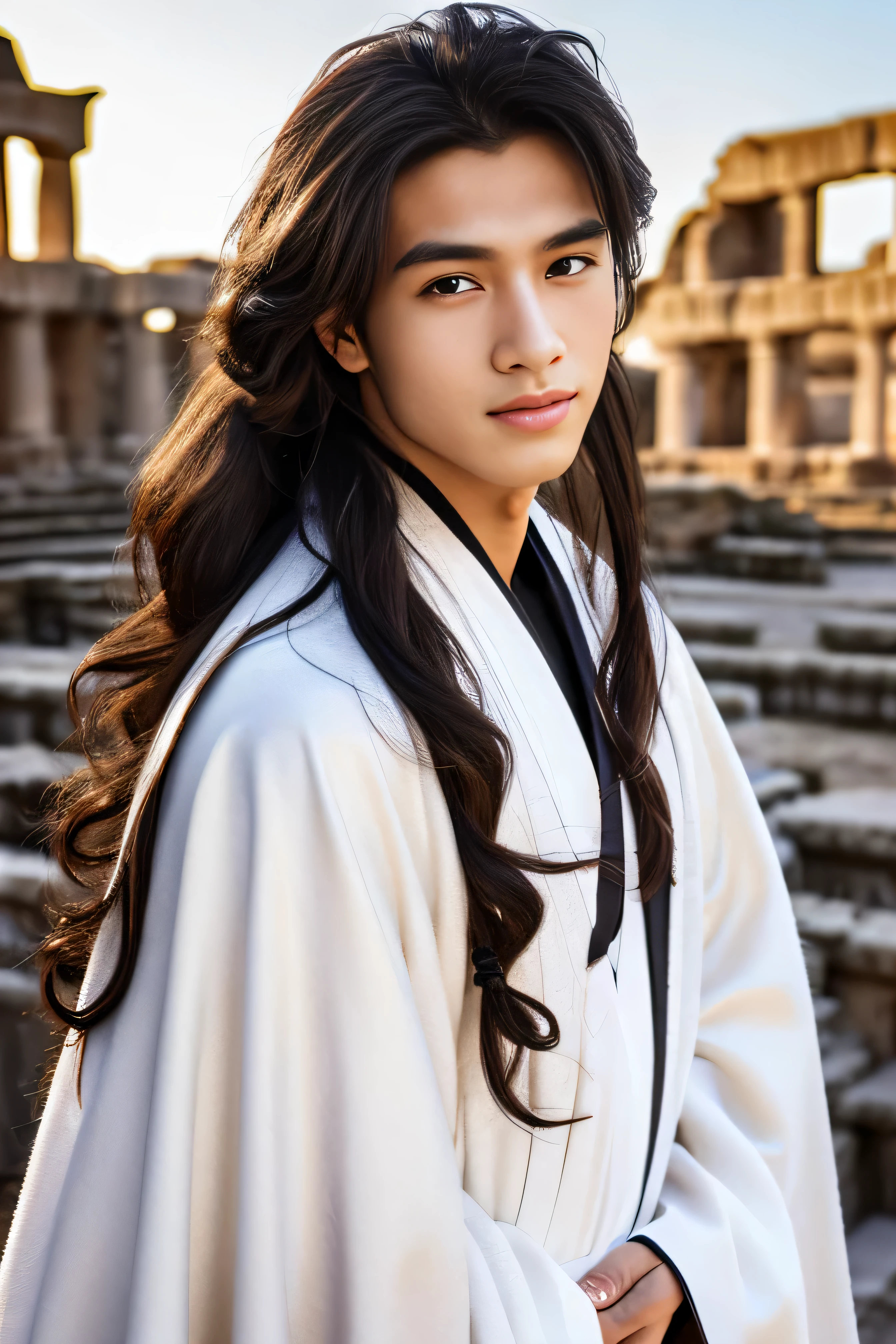 Best quality, masterpiece, ultra high res, (photorealistic:1.4), detailed face, detailed eyes, raw photo, young handsome male, black long hair, (full body), (ancient city ruin background:1.2), wearing white fluffy long robe with silver decoration, messy ponytail