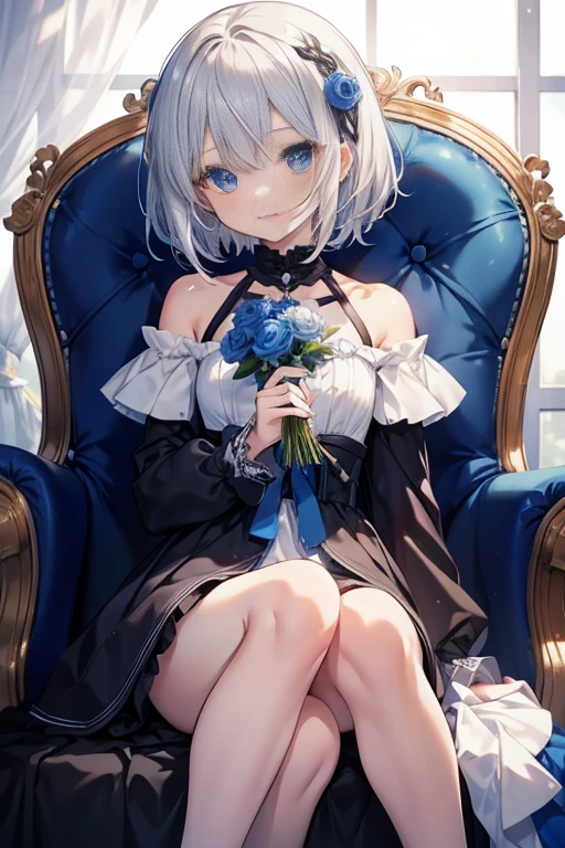 masutepiece, hyper quality, 1girl in, Solo Girl, Silver hair, Blue eyes, Sharp eyes, Straight hair, (Short hair), ((shoulder-length hair)), Black dress, bow ribbon, frilld, Long sleeves, holding Blue roses, Blue roses, (with Blue roses in one hand), sitting in the chair, little smiling, lite smile, Slightly lighter background