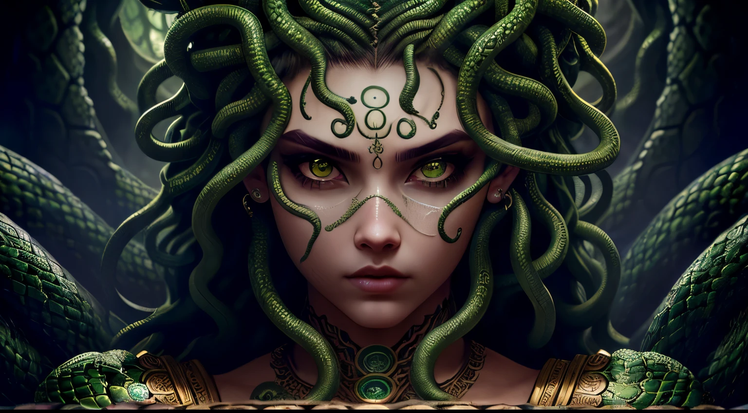 ((best quality)), ((realistic)), Medusa, upper body, hair is made up of countless snakes, green eyes, female face, metal underwear, trending on artstation, clear focus, studio shot , intricate detail, highly detailed, detailed eye, illustration, highly detailed, sharp focus, digital render, professional, 4k