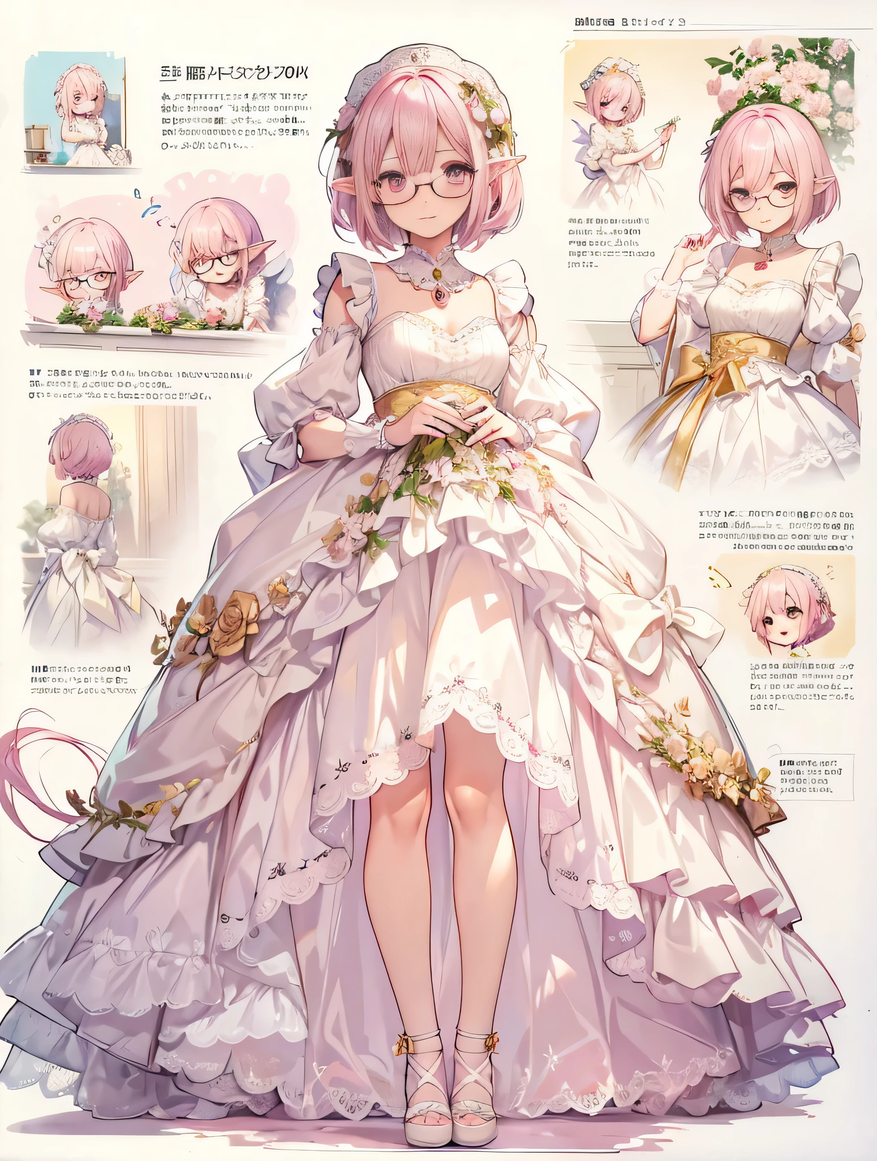 ((One girl)), Ultra-realistic photo of a girl in a majestic pink and white ball gown dress, Big beautiful dress, Intricate billowing ball gown with lots of ruffles and rhinestones, masutepiece, ((Lace sleeves:1.2))。 art stations, Fantasy Art:1.2), Palace rooms, Beautiful cute girl, (Milky pink short bob hair Red glasses elf-ears Magenta eyes:1.3), (Complex short gold skirt, Bare legs:1.2, Full body shot)