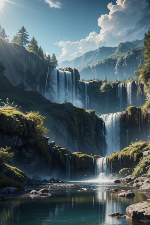 Chaotic rushing waterfalls in tranquil beautiful landscapes, ray tracing, detailed reflections, intricacies, high detail, drama, masterpieces of the best quality, photorealistic realism, detail, 8k, HDR, backlight, halo, flash, chromatic aberration, sharp focus