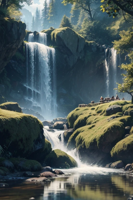 Chaotic rushing waterfalls in tranquil beautiful landscapes, ray tracing, detailed reflections, intricacies, high detail, drama, masterpieces of the best quality, photorealistic realism, detail, 8k, HDR, backlight, halo, flash, chromatic aberration, sharp focus