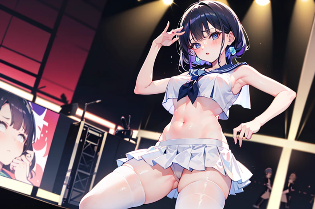 Perfect human body，1 girl， idoly，idol，(publicly exposed，On stage), 鎖骨，(Colossal tits)，Sleeveless sailor suit，Low-rise miniskirt，Reveals a flat lower abdomen，semi transparent，(White stockings)，((woman with fever)),  ((color)), (Blushlush:1.2),