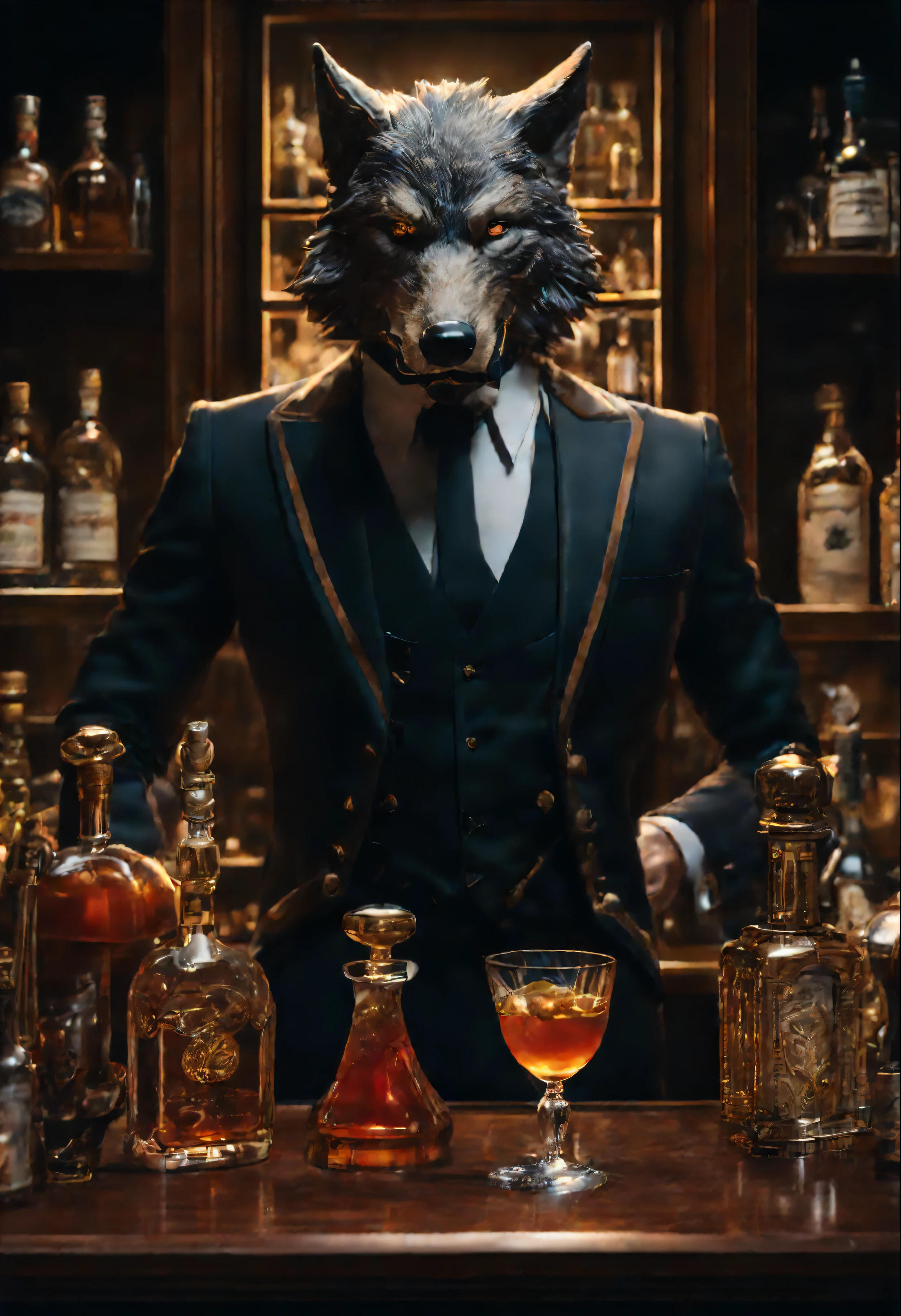 (ultra-detailed),(masterpiece),(8k),(human body), ((wolf head)), centered,belt,(butler uniform),cocktail shaker, standing behind bar, (sharp focuar,(gorgeous color grading), three piece suit, background should have shelfs full of spirit bottles, night time, low light, (creatures of the night), (booze hound), waistcoat