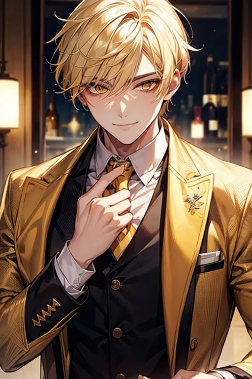man 1、yellow short hair, long yellow eyelashes、Handsome man with yellow eyebrows and yellow expressive eyes, Smiling, Yellow eyes、细致背景、sommelier