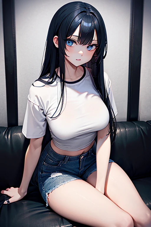 ((masterpiece)), ((best quality)), (ultra detailed), ((extremely detailed)), 1girl, detailed eyes, beautiful eyes, black hair, very long loose hair, bangs, shiny hair, skin texture, glowing skin, extremely detailed skin, big breasts, small waist, wearing ripped babylook t-shirt, denim micro shorts, sitting at a bar with friends, black hair,blue eyes, large breast,