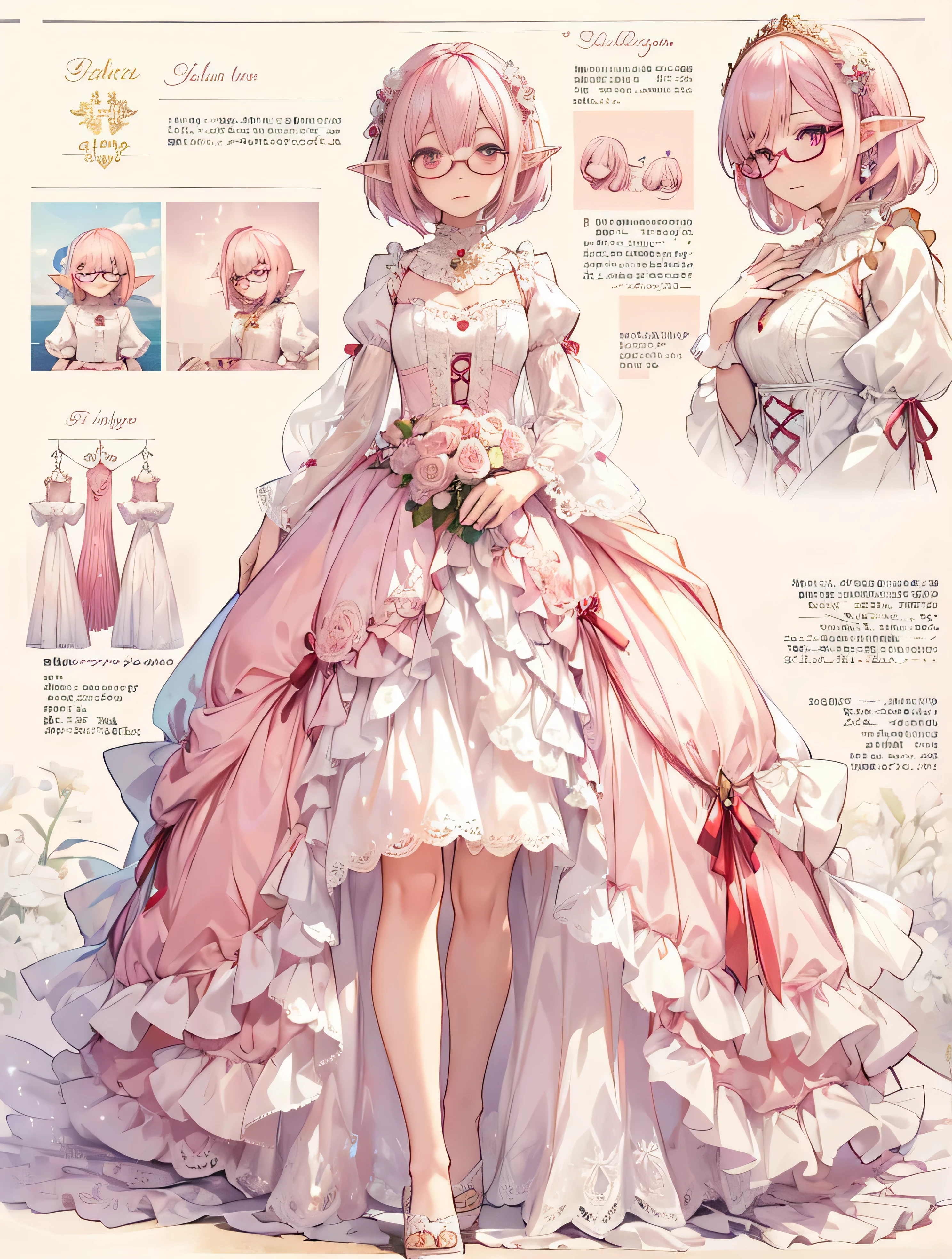 ((One girl)), Ultra-realistic photo of a girl in a majestic pink and white ball gown dress, 大きくBeautiful feceドレス, Intricate billowing ball gown with lots of ruffles and rhinestones, masutepiece, ((Lace sleeves:1.2))。 art stations, Fantasy Art:1.2), Palace rooms, Beautiful feceかわいい女の子, (Milky pink short bob hair Red glasses elf-ears Magenta eyes:1.3), (Complex short gold skirt, Bare legs:1.2, Full body shot)(((25-years old Adults Beautie ren Beautiful fece女性 Beautiful fece)))