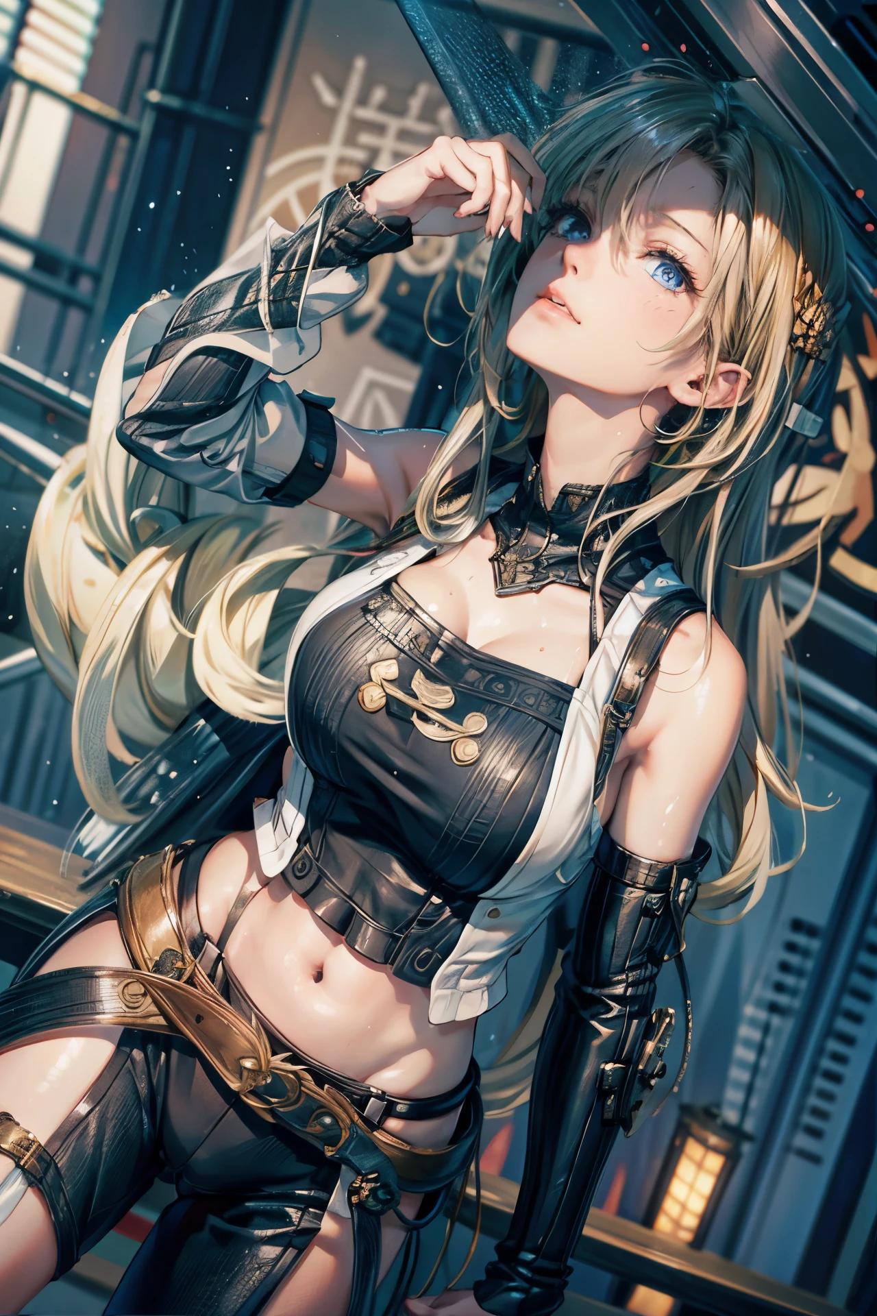(masutepiece), A sexy、Natural light, Photorealistic, Cameltoe, diffuse glow, depth of fields, big eye、Blue eyes、a blond、Playing guitar、Live performance venue、natta、Sweat splashes、