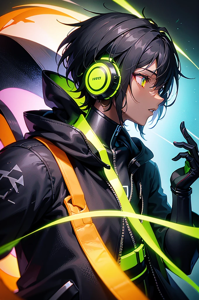 black anime boy listening to music, side profile view, Techwear hoodie, Techwear headphone with green glowing edges, orange glowing eyes, spikey haircut, Shoulder view, ((Black background)), reflective