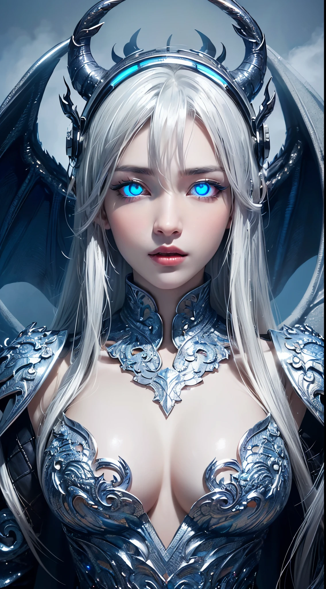 (UHD, retina, masterpiece, accurate, anatomically correct, textured skin, super detail, high details, high quality, best quality, high res, 1080P, HD, 4K, 8k, 16k), (beautiful detailed eyes, beautiful detailed lips, extremely detailed eyes and face), soft lighting, physically-based rendering, vivid colors, (large breasts:1.5), (portrait, shiny hair, shiny skin), eye reflection, (bokeh, dark background), (White color, dragon helmet, dragon wings, dragon tail, fog, silver hair:1.5), ((blue glowing eyes, parted lips:1.5)),