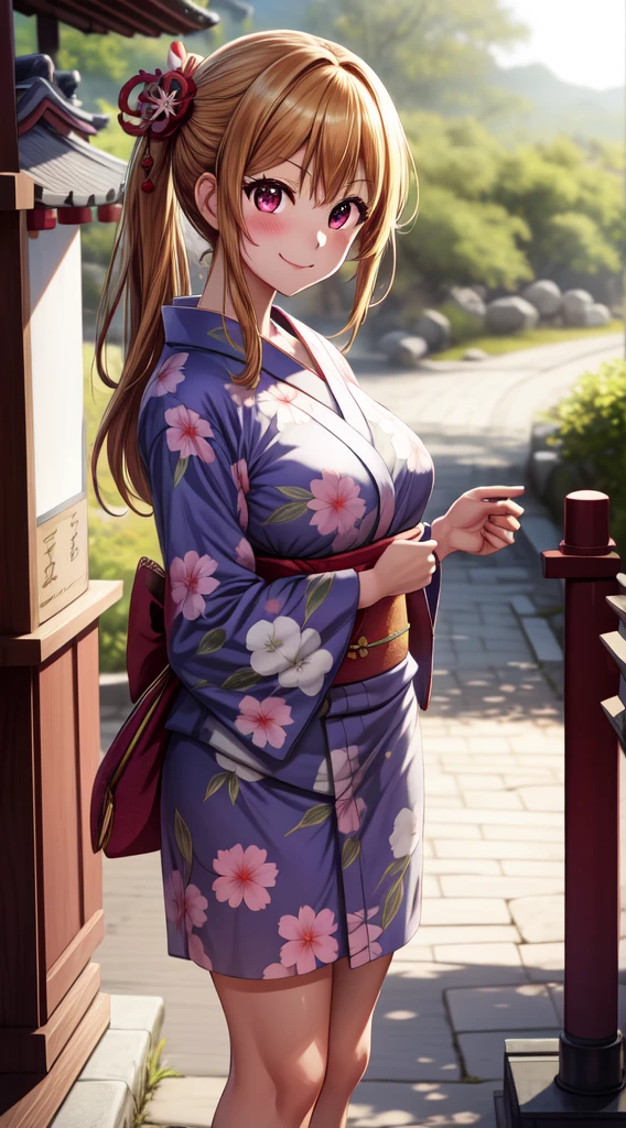 anime, beautiful face, highly detailed face, 2 accurate legs detailed eyes, highly detailed background, perfect lighting, accurate arms, accurate hands, accurate fingers, perfect feet, full body, 1girl, solo, ruby hoshino, oshi no ko, outdoors, absurdres, high res, ultrasharp, 8K, masterpiece, elegant pose, teasing smile, wearing a yukata, beautiful yukata, at a shrine, at a shrine to make a offering,