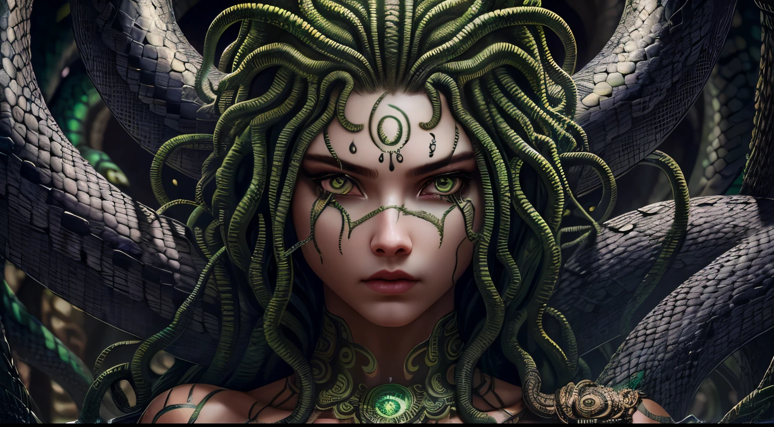 ((best quality)), ((realistic)), Medusa, upper body, hair is made up of countless snakes, green eyes, female face, metal underwear, trending on artstation, clear focus, studio shot , intricate detail, highly detailed, detailed eye, illustration, highly detailed, sharp focus, digital render, professional, 4k