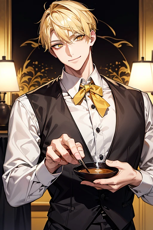 man 1、yellow short hair, long yellow eyelashes、Handsome man with yellow eyebrows and yellow expressive eyes, Smiling, Yellow eyes、细致背景、Sommelier Apron