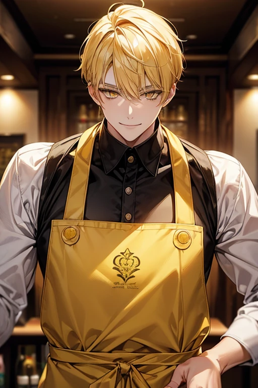 man 1、yellow short hair, long yellow eyelashes、Handsome man with yellow eyebrows and yellow expressive eyes, Smiling, Yellow eyes、细致背景、Sommelier Apron