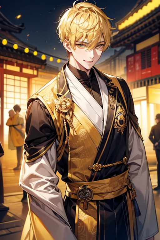 man 1、yellow short hair, long yellow eyelashes、yellow eyebrows、Handsome man with expressive eyes, Smiling, Yellow eyes、细致背景、taiwan costume