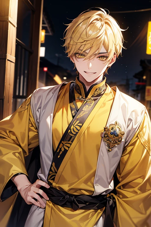 man 1、yellow short hair, long yellow eyelashes、yellow eyebrows、Handsome man with expressive eyes, Smiling, Yellow eyes、细致背景、taiwan costume