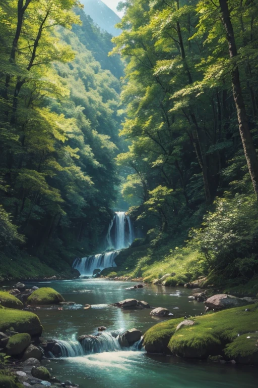 painting of a stream running through a lush green forest filled with trees, detailed painting 4 k, mountains river trees, anime landscape wallpaper, beautiful art uhd 4 k, anime countryside landscape, detailed scenery —width 672, beautiful digital painting, 4k highly detailed digital art, beautiful anime scenery, 8k high quality detailed art, anime nature wallpap, anime nature