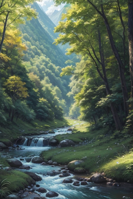 painting of a stream running through a lush green forest filled with trees, detailed painting 4 k, mountains river trees, anime landscape wallpaper, beautiful art uhd 4 k, anime countryside landscape, detailed scenery —width 672, beautiful digital painting, 4k highly detailed digital art, beautiful anime scenery, 8k high quality detailed art, anime nature wallpap, anime nature