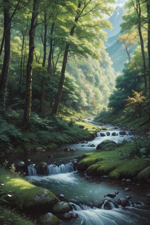 painting of a stream running through a lush green forest filled with trees, detailed painting 4 k, mountains river trees, anime landscape wallpaper, beautiful art uhd 4 k, anime countryside landscape, detailed scenery —width 672, beautiful digital painting, 4k highly detailed digital art, beautiful anime scenery, 8k high quality detailed art, anime nature wallpap, anime nature