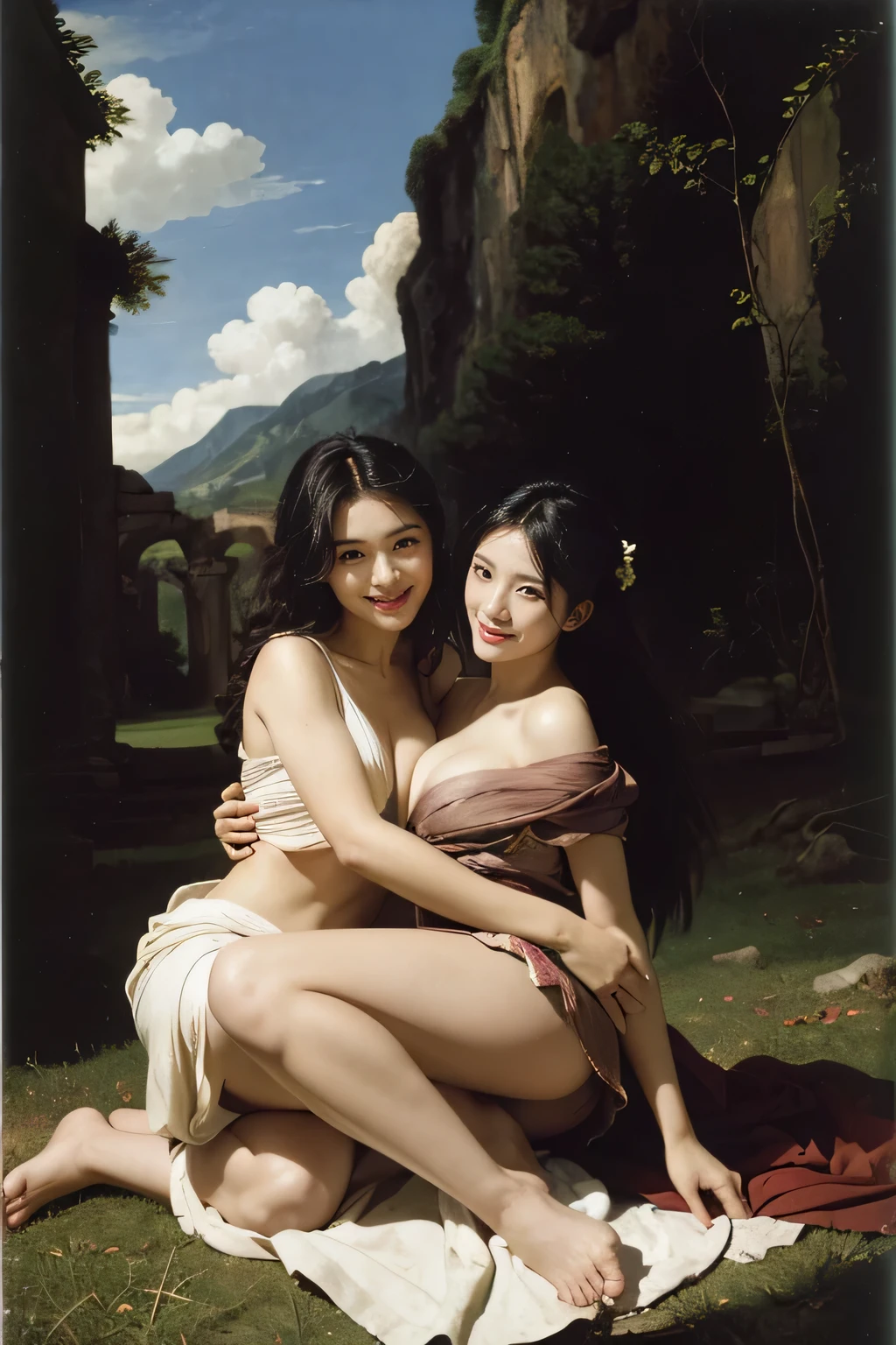 Ancient Roman ruins,Poussin-style landscape,A smile,,Sweet and seductive appearance.、Caravaggio's paintings、Chiaroscuro of Caravaggio、Hair disheveled in the wind,Two women frolicking,Cute smile, Expression of ecstasy,A sexy,Erotic