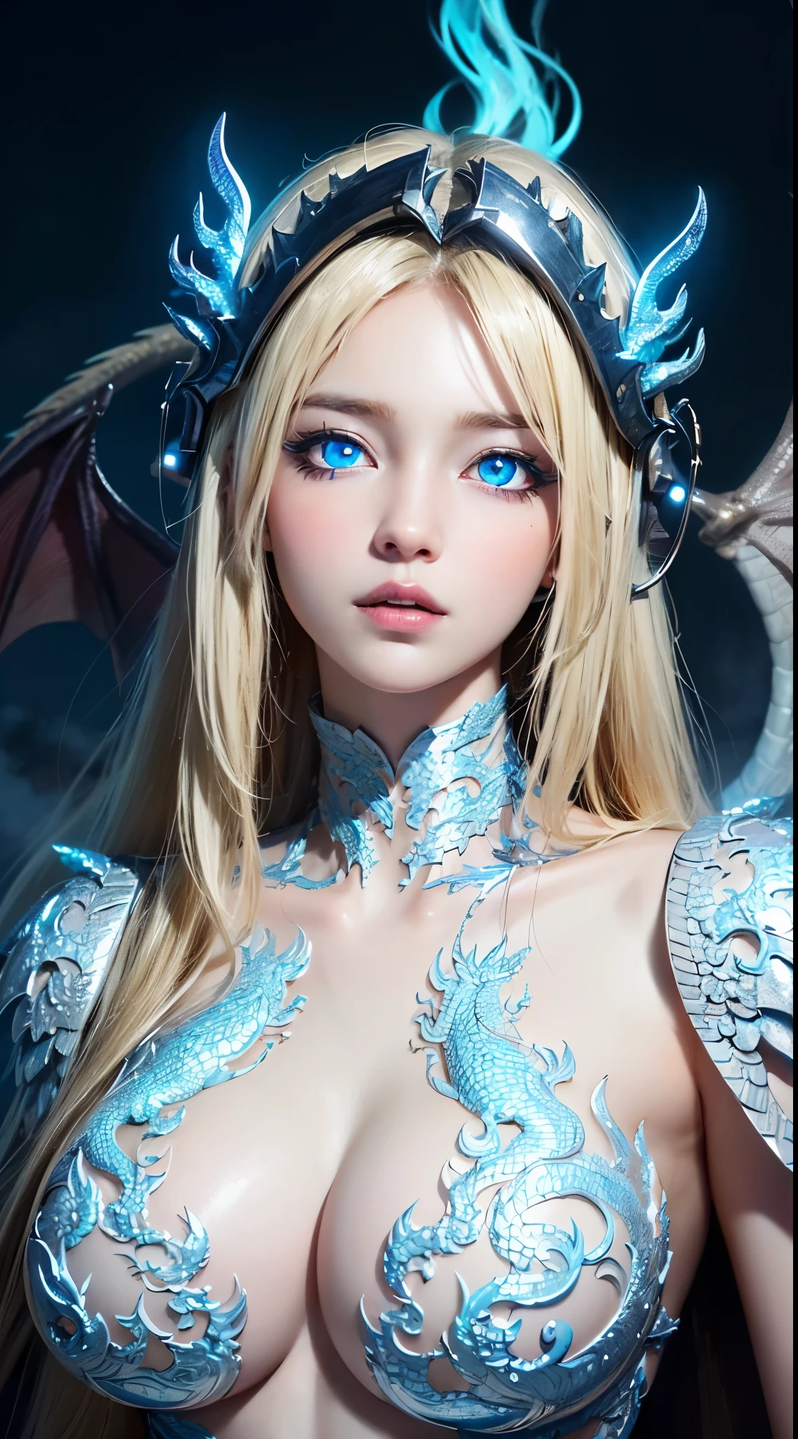 (UHD, retina, masterpiece, accurate, anatomically correct, textured skin, super detail, high details, high quality, best quality, high res, 1080P, HD, 4K, 8k, 16k), (beautiful detailed eyes, beautiful detailed lips, extremely detailed eyes and face), soft lighting, physically-based rendering, vivid colors, (large breasts:1.5), (portrait, shiny hair, shiny skin), eye reflection, (bokeh, dark background), (White color, dragon helmet, dragon wings, dragon tail, fog, blonde hair:1.5), ((blue glowing eyes, parted lips:1.5)),