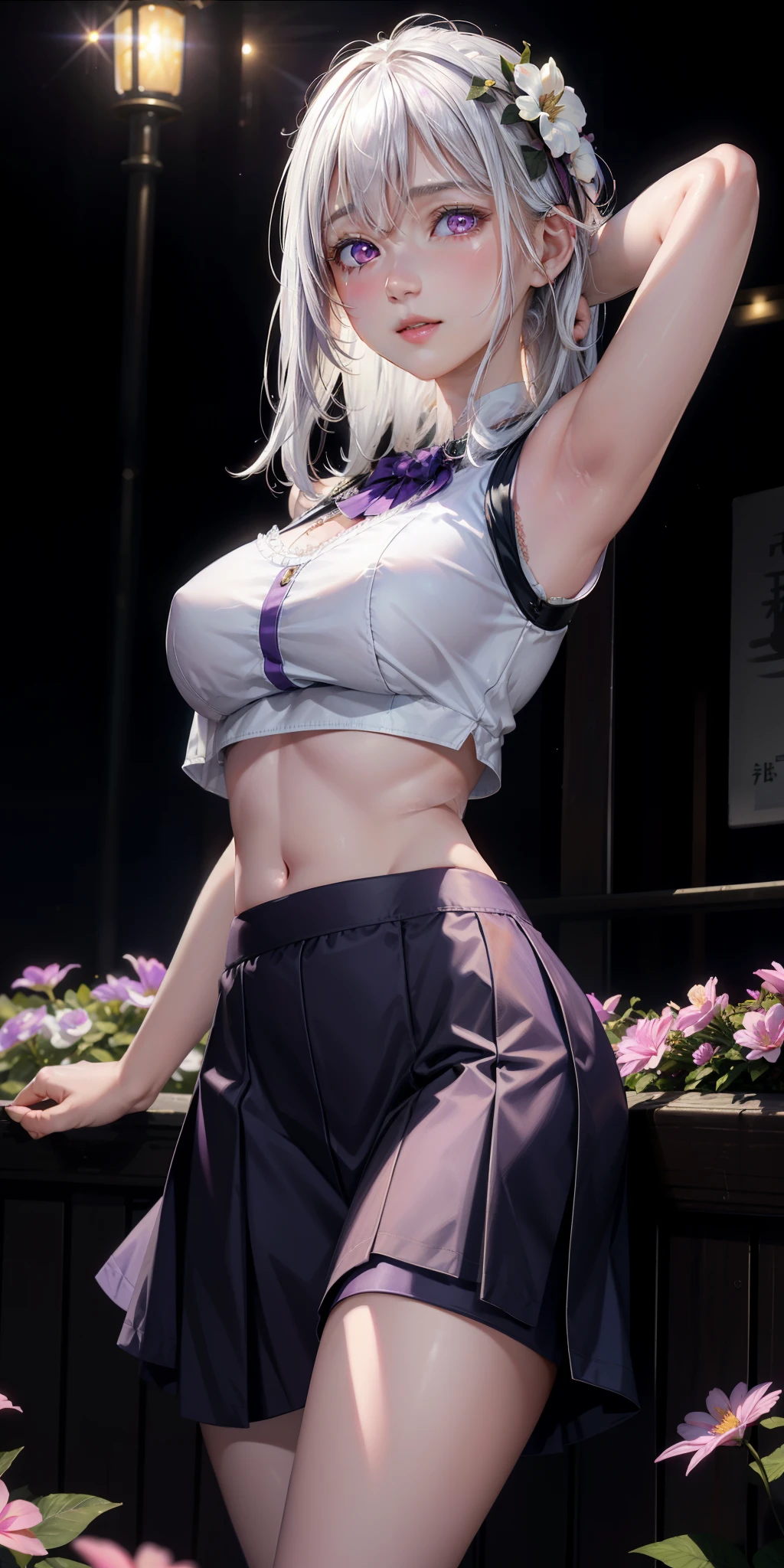 realistic, 1girl, white hair, purple eyes, glowing eyes, crop top, skirt, parted lips, blush, night, flowers, sun, sunlight,